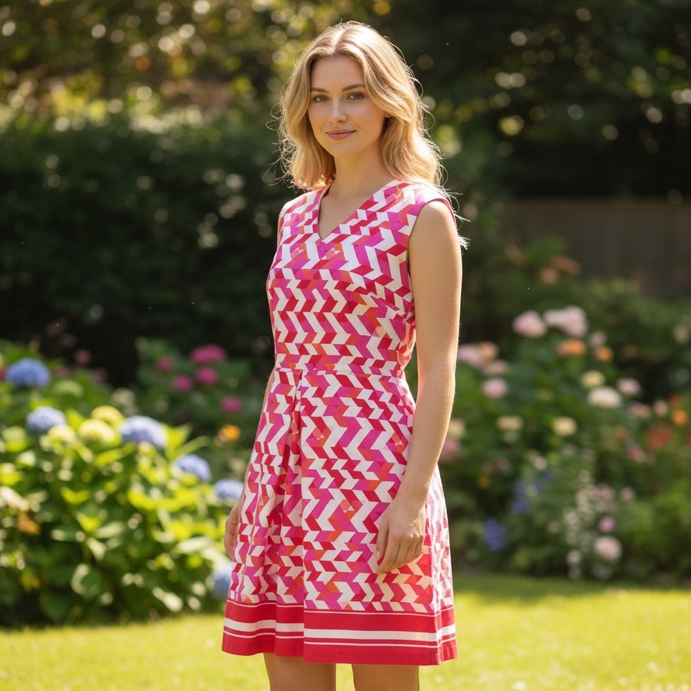 Studio One New York Pink Geometric Chevron Retro V-Neck A-Line Dress Size 16